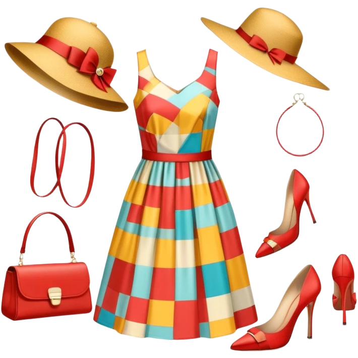 Icon for Fashion Design: a pattern of a bright, beautiful dress with measurements, a ruler, and pencil, along with a hat, shoes, and a handbag. The icon should represent fashion design with attention to detail and style. Transparent background. emoji