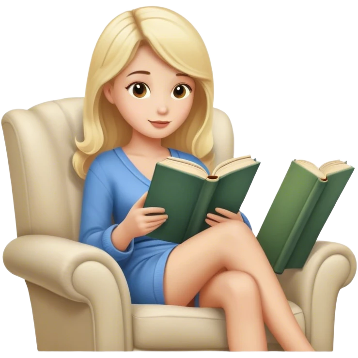 pretty blonde model reading a book in a cozy armchair  emoji