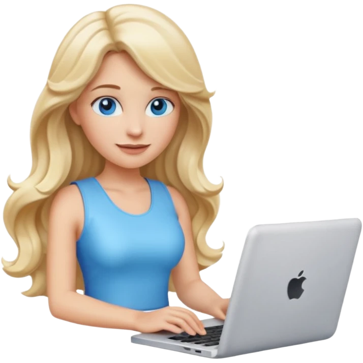 3D Apple-style emoji of a blonde woman whits long wavy hair, with bright blue eyes,
wearing a white sleeveless top,
holding a silver laptop,
clean white background, smooth rounded design
 emoji