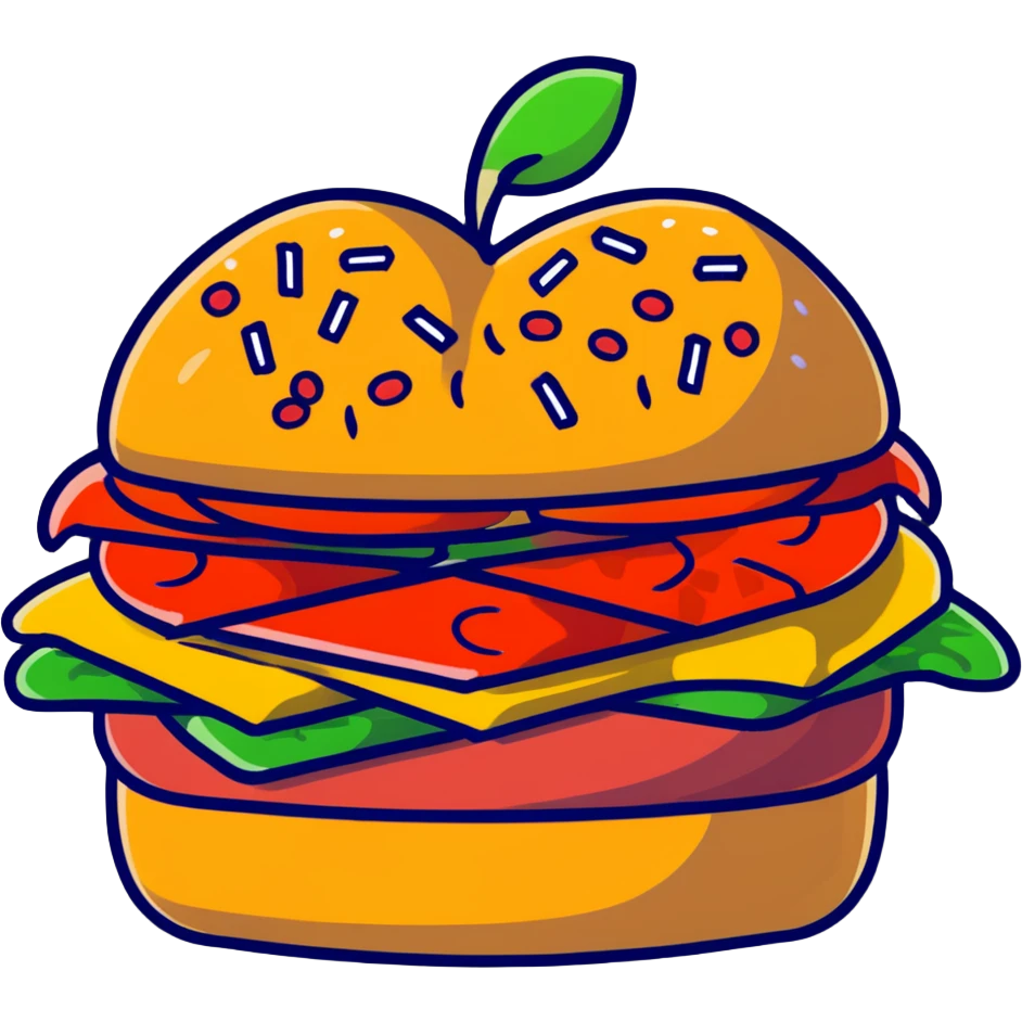 A burger with pizza toppings, french fries sticking out the sides, and apple slices as garnish emoji