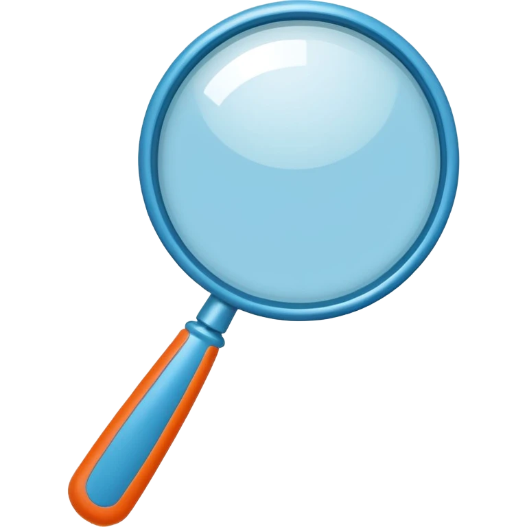 A stylized blue magnifying glass tilted right, flat design, minimalist, vibrant orange handle, white circular background, high resolution, 2048x2048 pixels, vector art, clean lines emoji