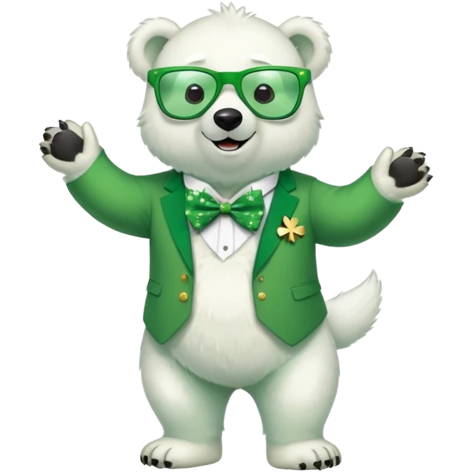 full body friendly anthropomorphised polar bear smiling, wearing large multicolored star-shaped glasses, green bow tie, shamrock pin, festive green shirt, green trainers, St. Patrick's Day emoji