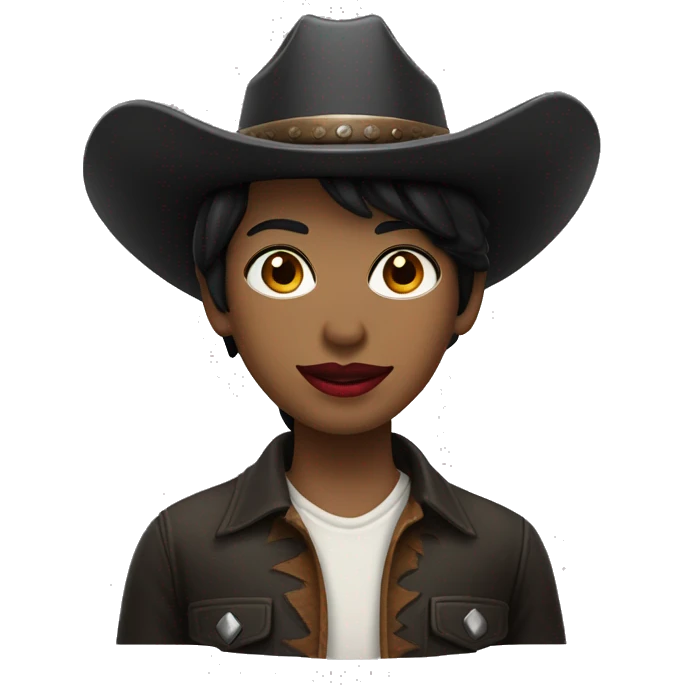 straight black hair,red lipstick,hazel eyes, white skin, a small nose and a cowboy hat  emoji