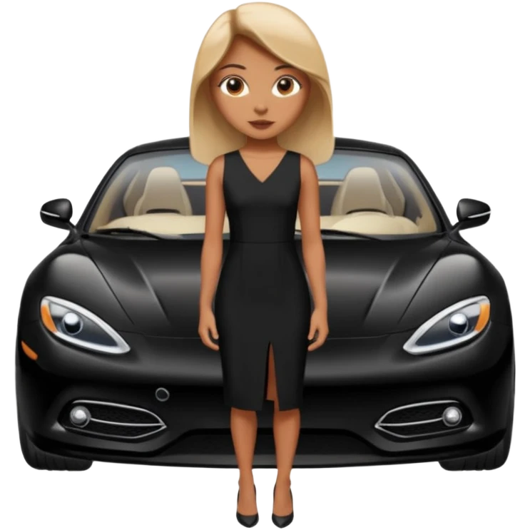 A fast, expensive black car with a young woman beside it emoji