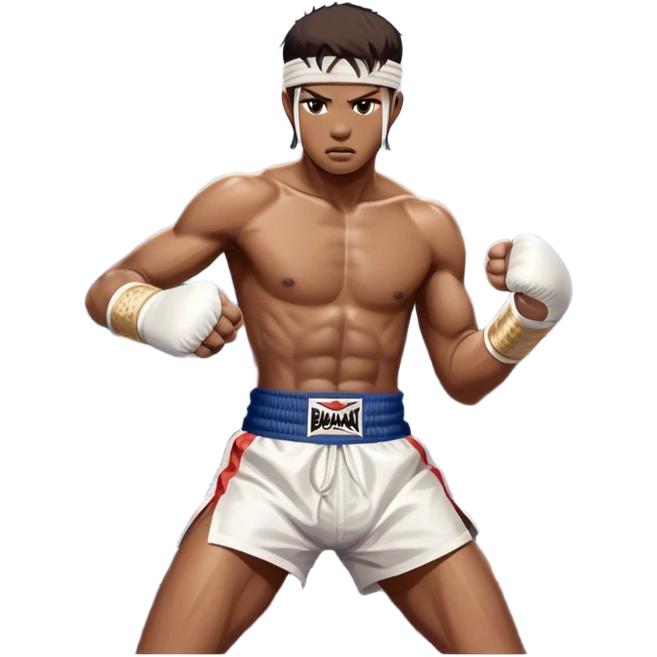 ​Cinematic Realistic Traditional Muay Thai Fighter such as Buakaw Banchamek, depicted in authentic attire featuring white bandaged gloves wrapped around his fists, a traditional headband tied neatly, and classic Muay Thai shorts, captured in a dynamic fighting stance under dramatic, high-energy lighting that highlights the raw power and elegance of the art, emoji