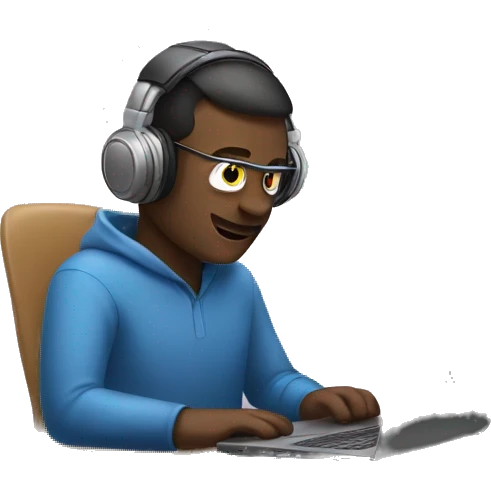 Man working on laptop Waring headphones emoji
