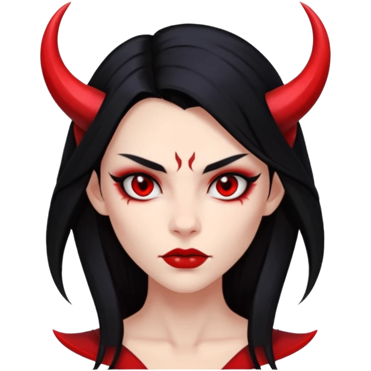 Head only demon girl, strong pronounced cheekbones, sharp angular jawline, skin fully pure red everywhere, long straight sleek black hair, small ho emoji