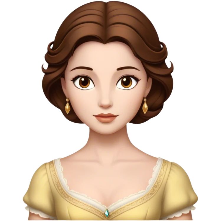 Cinematic Realistic Belle Portrait, depicted with lifelike skin texture, soft natural lighting, and intricately detailed brown hair styled elegantly. Her deep, expressive eyes exude warmth and intelligence, complemented by a serene and graceful expression. She is dressed in her classic attire, with rich fabric textures and delicate folds that catch the light beautifully. The portrait features a soft, enchanting glow with a natural, radiant finish, capturing the essence of timeless beauty in a realistic and painterly style, evoking a sense of depth and authenticity. emoji