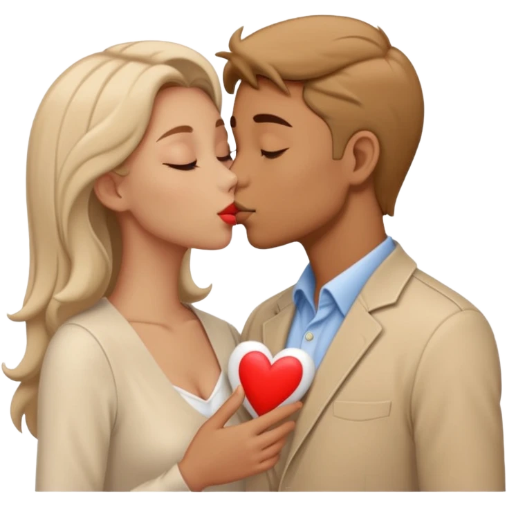 A man in pale beige clothes and a woman in pale beige clothes are kissing with white hearts emoji