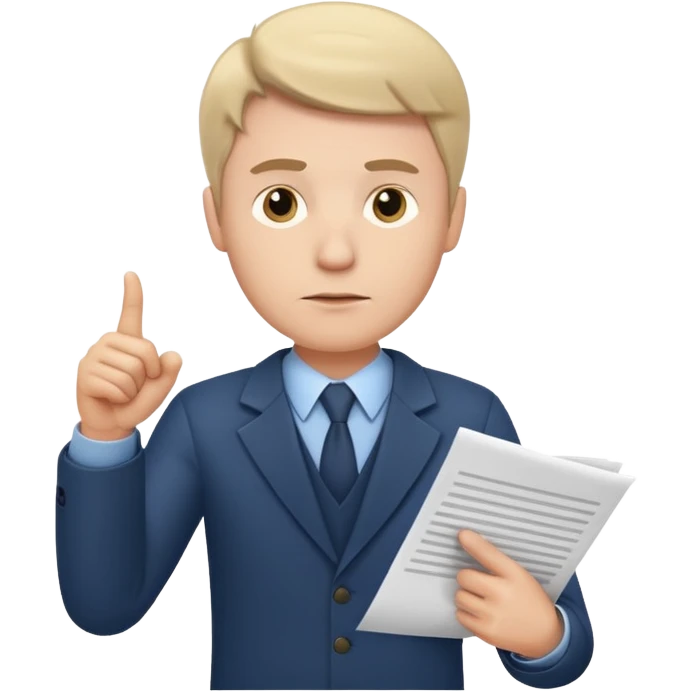 A white man stands with a serious face and points at his hand holding papers. emoji