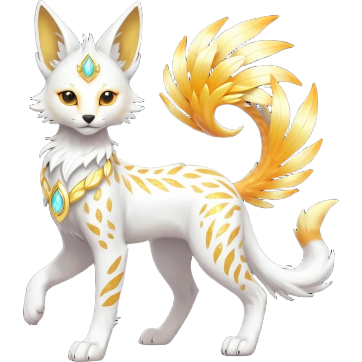 Epic complex fantasy glorious detailed futuristic divine godly angelic feathery sunny, white, albino, pastel, golden, orange glowing sparkly, realistic Fakémon-Trico-Sergal-Serval-Solgaleo-Vernid-creature (full body) solarpunk, shiny sparkly with a gold laurel emoji