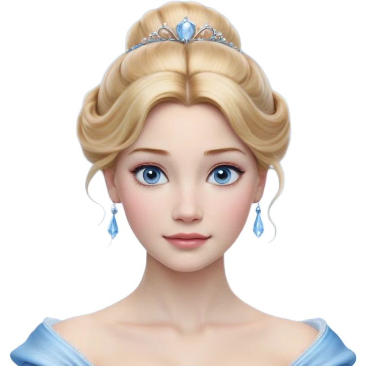 Cinematic Realistic Cinderella Portrait, depicted with lifelike skin texture, subtle rosy undertones, and soft natural lighting that enhances the gentle contours of her face. Her intricately detailed golden blonde hair is elegantly styled in an updo, with delicate wisps framing her face for added realism. Her deep, expressive blue eyes radiate warmth and sincerity, reflecting a quiet resilience and grace. She is dressed in her iconic ball gown, the fabric shimmering with intricate embroidery and fine translucent layers that catch the light beautifully. The soft sheen of satin gloves and the delicate sparkle of a glass-like slipper peeking from beneath her dress add a touch of magical realism. The portrait features an enchanting glow with a natural, luminous finish, seamlessly blending realism and fairytale charm to evoke a sense of depth, elegance, and timeless beauty. emoji