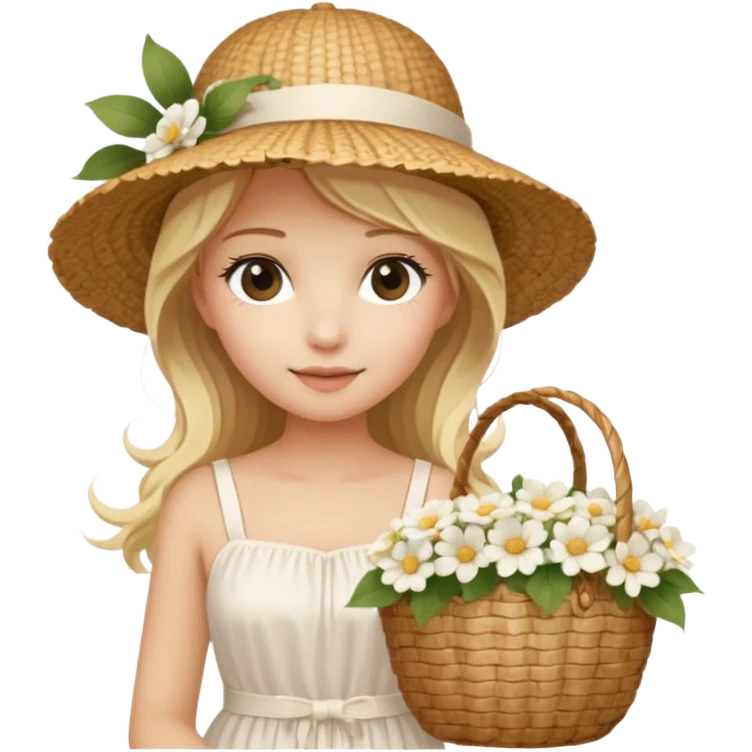 summer beautiful wicker hat, beach beige bag and bouquet of white flowers and blonde girl in Italy white dress emoji