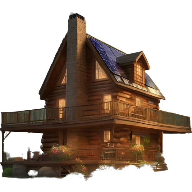 Skywalker Cabin is a very Very big Wood Cabin near tree on the mountain. The cabin is 5 stories tall with extensive solar arrays on top. The cabin sits on thick grass fields. porch lights on ,guests on porch smoking ,flowers and bushes  emoji