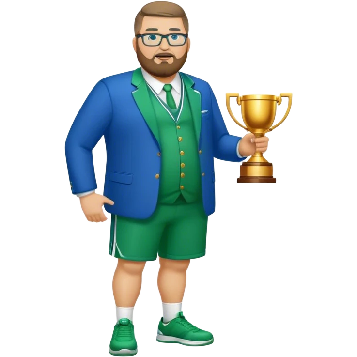 full body white obese male basketball coach with trophy. Goatee beard , Wearing glasses and blue and green suit emoji