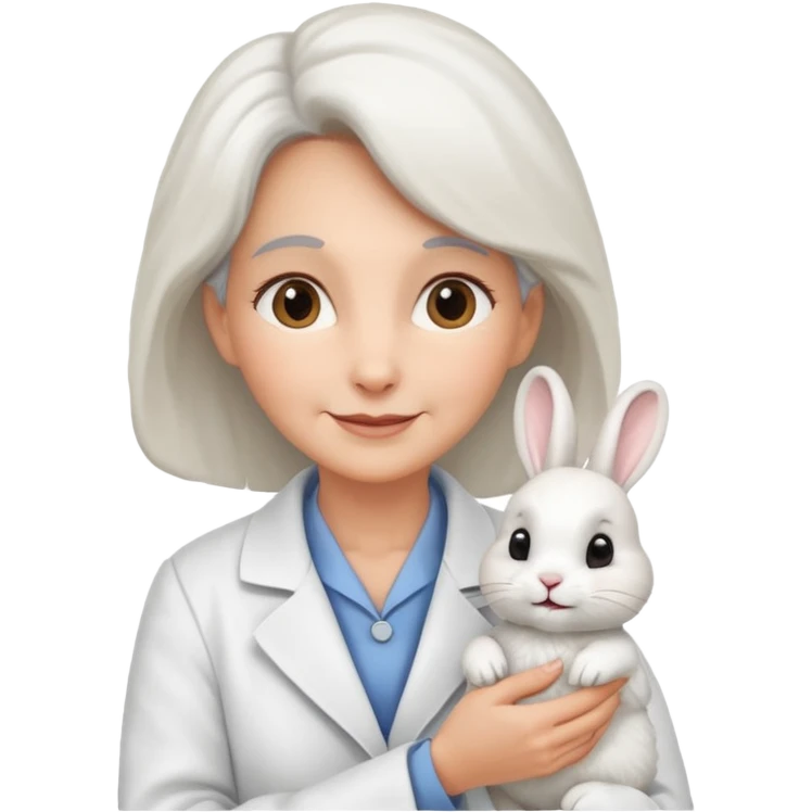 Older female vet – gentle smile, coat, checking rabbit  emoji