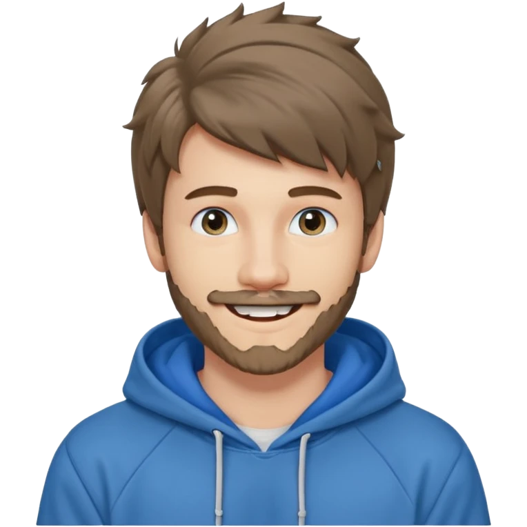 20 year old man, short scruffy beard and thin moustache, brown puffy mullet, blue eyes, big smile, white teeth, big lips, pronounced jaw, hair longer in back, sticking up on top, thin face, grey hooded sweatshirt, pale skin, big smile, blue eyes, puffy hair that is long in back, blue eyes emoji