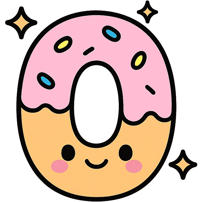 Cute kawaii number 0 shaped like a donut with pastel pink frosting, sparkles, and a blushing cute face on white background emoji