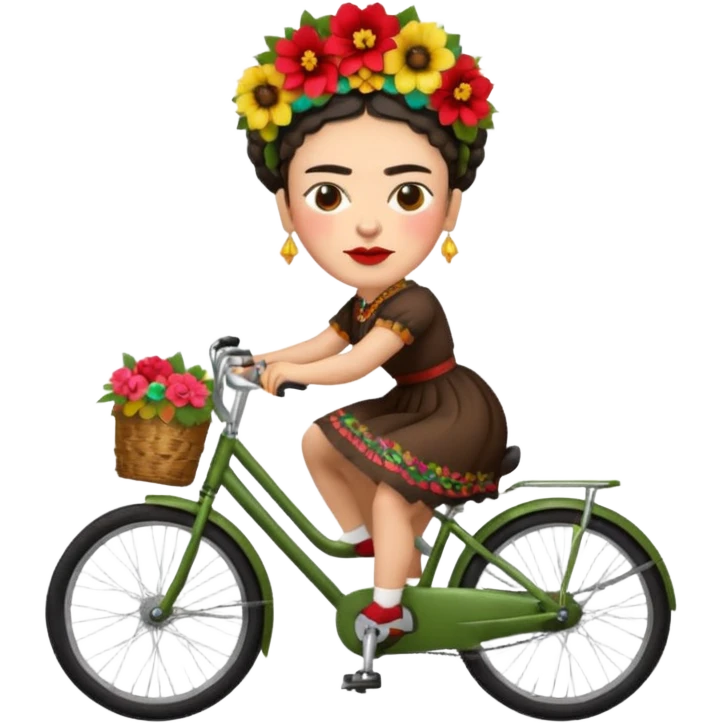 Frida Kahlo riding a bicycle, floral headpiece, expressive face, apple emoji style emoji