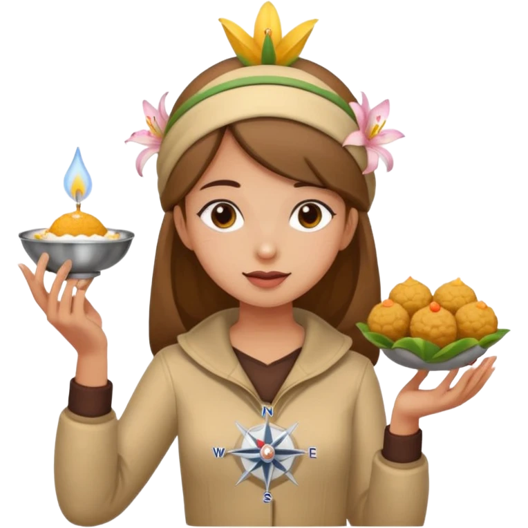 create an image similar to an emoji of a pinni / laddoo as an assamese girl navigating using a compass. She also has a lily on her head. Do not make her very human emoji