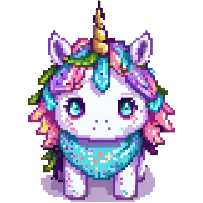 Add sparkles to the bright unicorn headband. Keep the pixel art style. The unicorn remains dirty, crumpled, with bags under its eyes and a drooping horn. emoji
