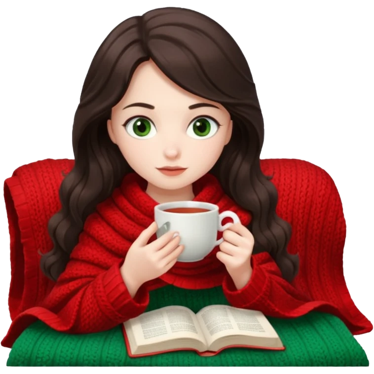 Long wavy dark brown haired, white skinned, dark green eyed girl wrapped in a red and white blanket, sipping tea and reading a book emoji