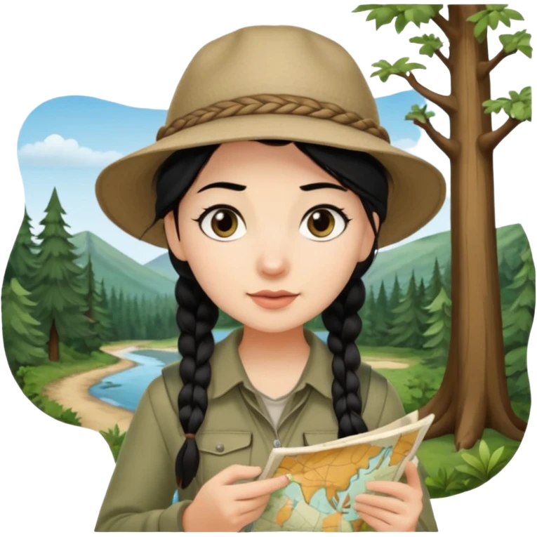 A braid black hair backpacking woman checking her map with curious eyes while wandering in the woods with camping hat emoji