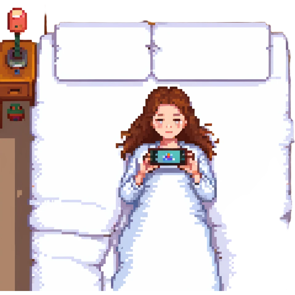 Girl lying in bed, wanting to sleep but not wanting to, staying up late playing with her phone emoji