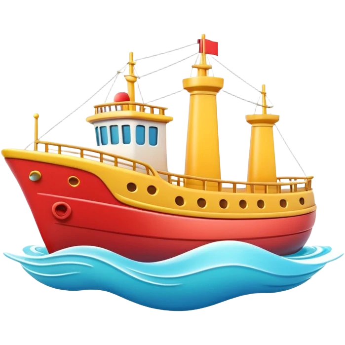 A 3D emoji of a ship in Apple style, glossy and smooth surface, bright clean colors with subtle shading, simple and minimal details, no face or expressions, floating on calm ocean, soft shadows, high-quality render, isolated on white background.


 emoji