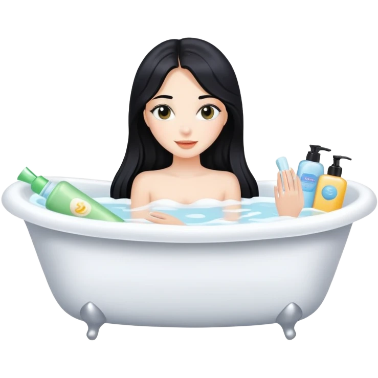 A beautiful girl with a  long black hair in Bathtub holding body products  emoji