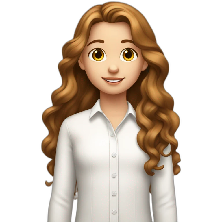 9 year old white girl with realy long brown waivy hair wearing a white shirt with black letters emoji