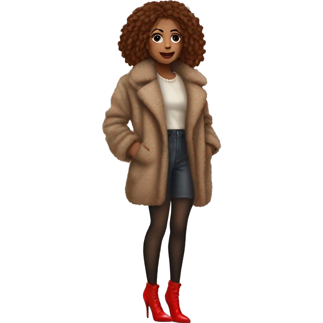 A woman wearing fishnet tights, red heels, and a fuzzy coat. She looks raggedy, and not out together  emoji