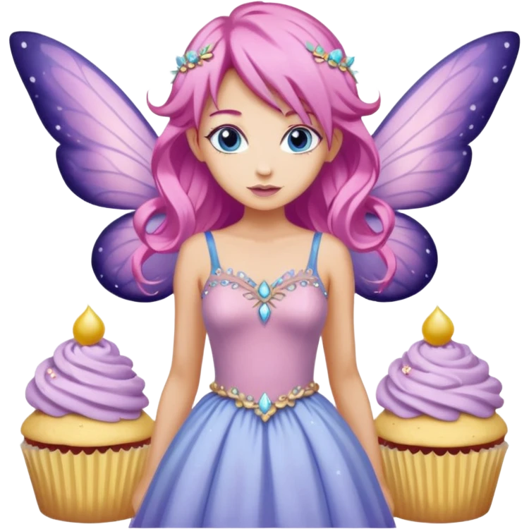 beige fairy cupcakes with yellow frosted icing on top and a enchantress fairy with tanned skin and pink hair and lilac wings and blue eyes wearing a dusky pink embellished gown decoration emoji