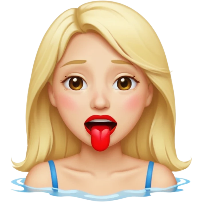 blonde having crying emoji tears (water-emoji) from hard laughter. really happy in general, happy eyes and open mouth. red lipstick emoji