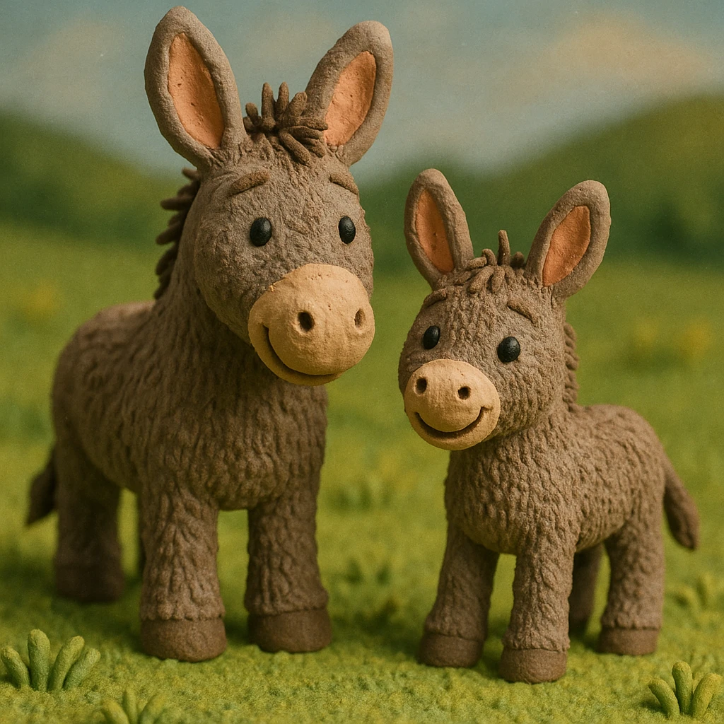 donkey and foal together, cute and cheerful, detailed fur, in a grassy meadow, claymation style emoji