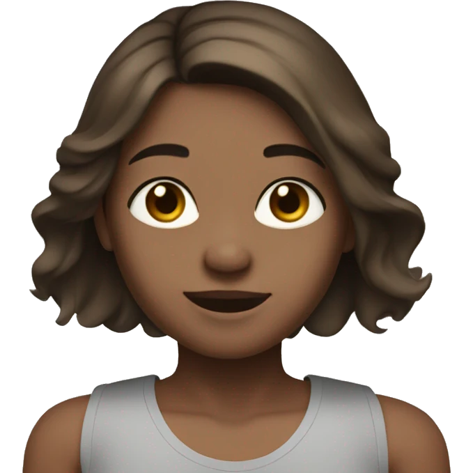 Brown hair girl with middle part and straight hair, light skin and brown eyes. Black tank top and waving emoji