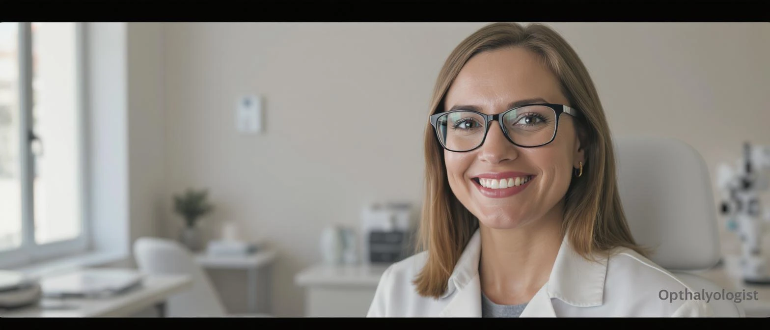 Cinematic still of a smiling european white woman with glasses smiling, minimalistic ophthalmologist interior in background, leading  lines, "rule of thirds" emoji