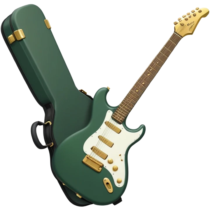 minimalist electric guitar in dark green, closed inside a black rectangular hard case with gold latches, soft matte textures, simplified details, compact artistic look emoji