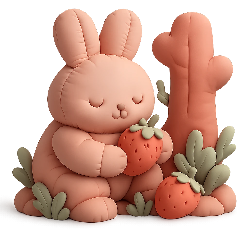 bunny picking strawberries in the woods, sweet pastel red, cushion style emoji