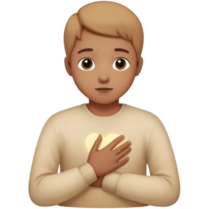 A person sitting still with their hand gently placed on their chest. A soft, warm light begins to emerge from within, symbolizingAround them, faint, blurred images of childhood moments float in the air, still distant slowly clearer as they focus on present emoji
