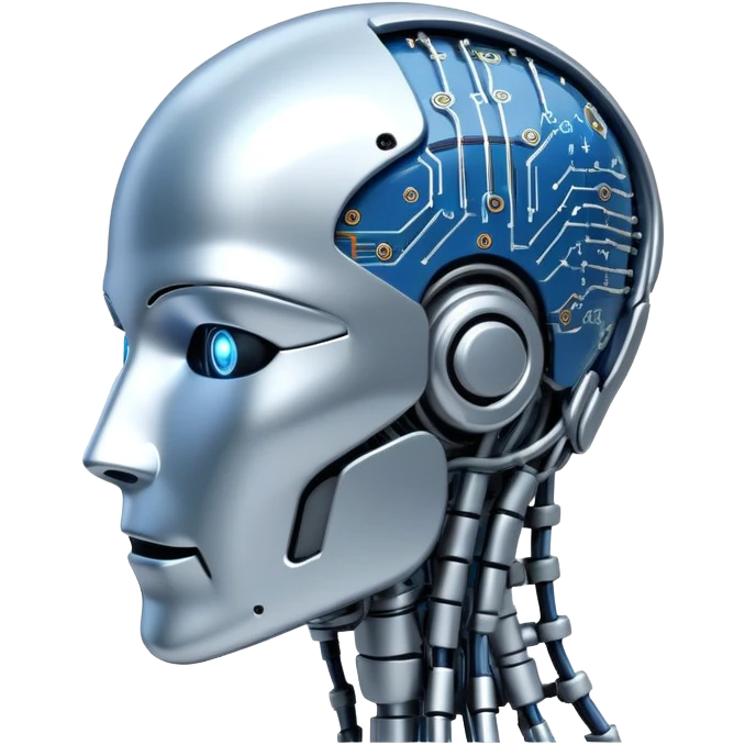 An icon featuring a humanoid robot head, neural network connections, and binary code, symbolizing artificial intelligence. The design includes a brain with circuits and machine learning algorithms, representing the study and development of intelligent systems. Transparent background  emoji