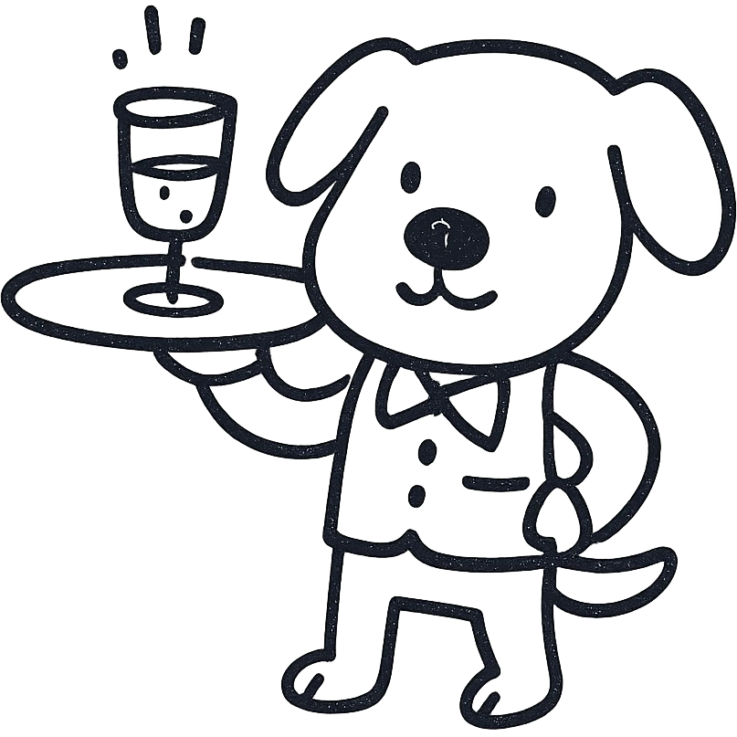 cute line drawing for coloring: a dog waiter serving a tray in a bar, simple line style, no fill, for children to color emoji