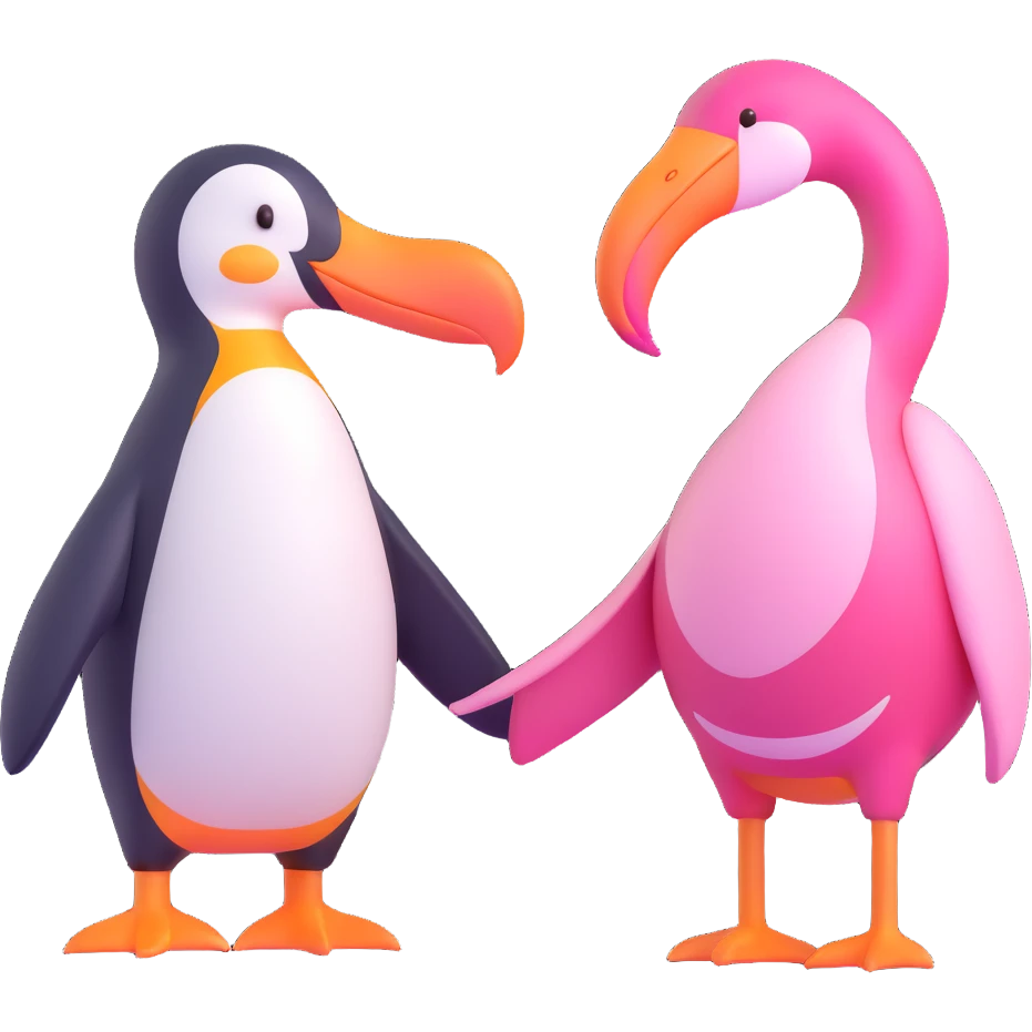 penguin and flamingo shaking hands, clear, no text emoji
