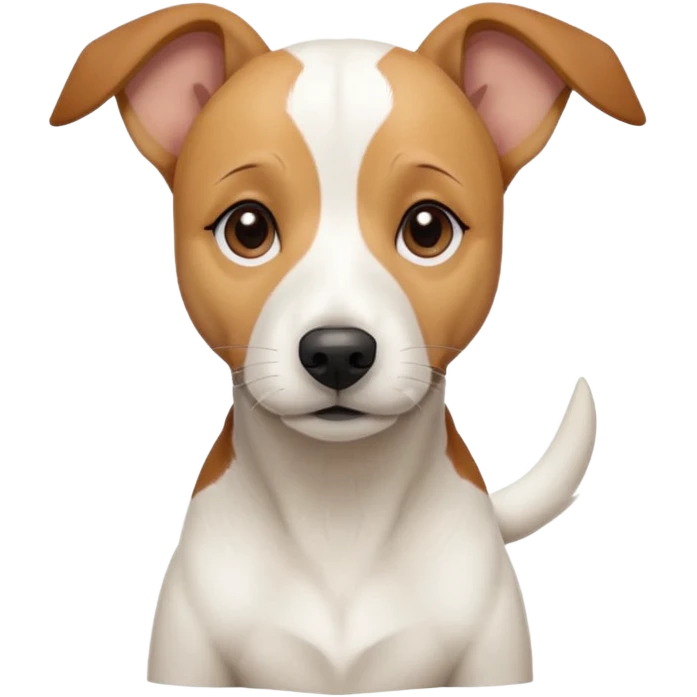a full body facing front on of a buff white beagle cross jack russell terrier looking dog the size of a kelpie with light brown long ears resting on its face and a light brown patch above one eye and a large snout. the rest of the dog is completely white.  emoji