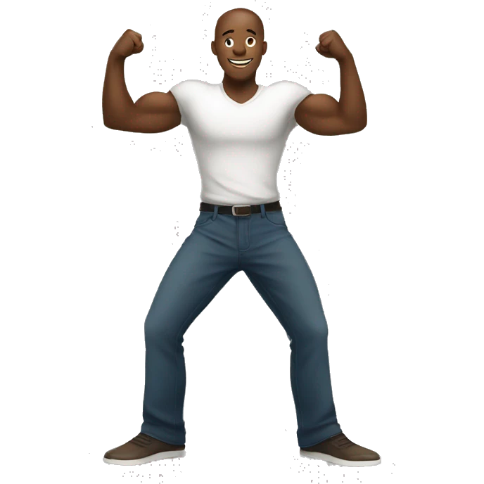 a black man standing on his tip toes with his arms raised up high making fists emoji