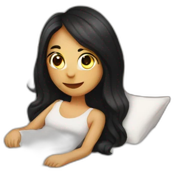 Girl with dark long hair in lying in bed full body emoji