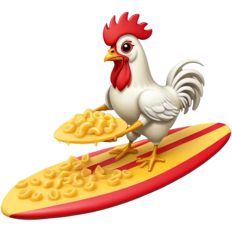 rooster eating mac and cheese on a surfboard emoji