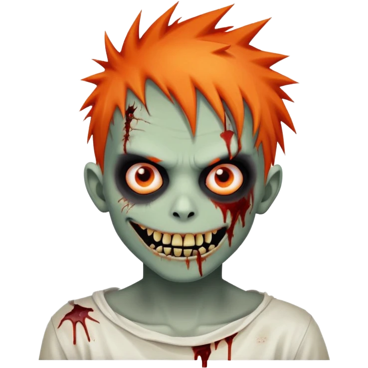 boy zombie with orange skin, orange spikey emo hair, black and red eyes, bloody smile, intense expression emoji