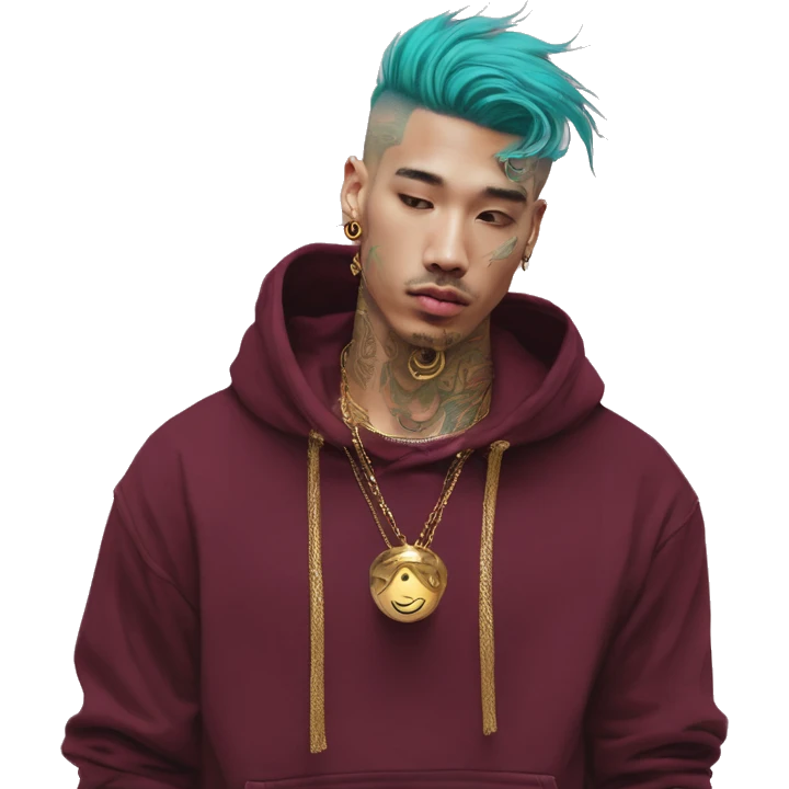 Vintage grunge patina intricate swirls gold jewellery baroque golden sparkle tropical Deep pink maroon burgundy cyan dark hoodie man dyed hair gold piercings nose piercing ear piercings emoji