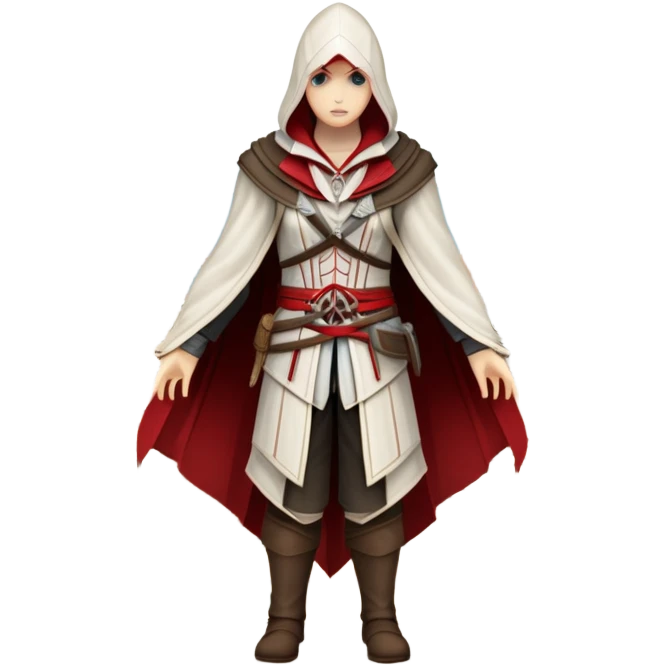 icon featuring Assasin's Creed in an iconic assassin's hood, standing tall against the backdrop of Florence. The design captures the essence of adventure, with intricate details of historical architecture and a sense of mystery. The character is poised, ready for action. transparent background. emoji